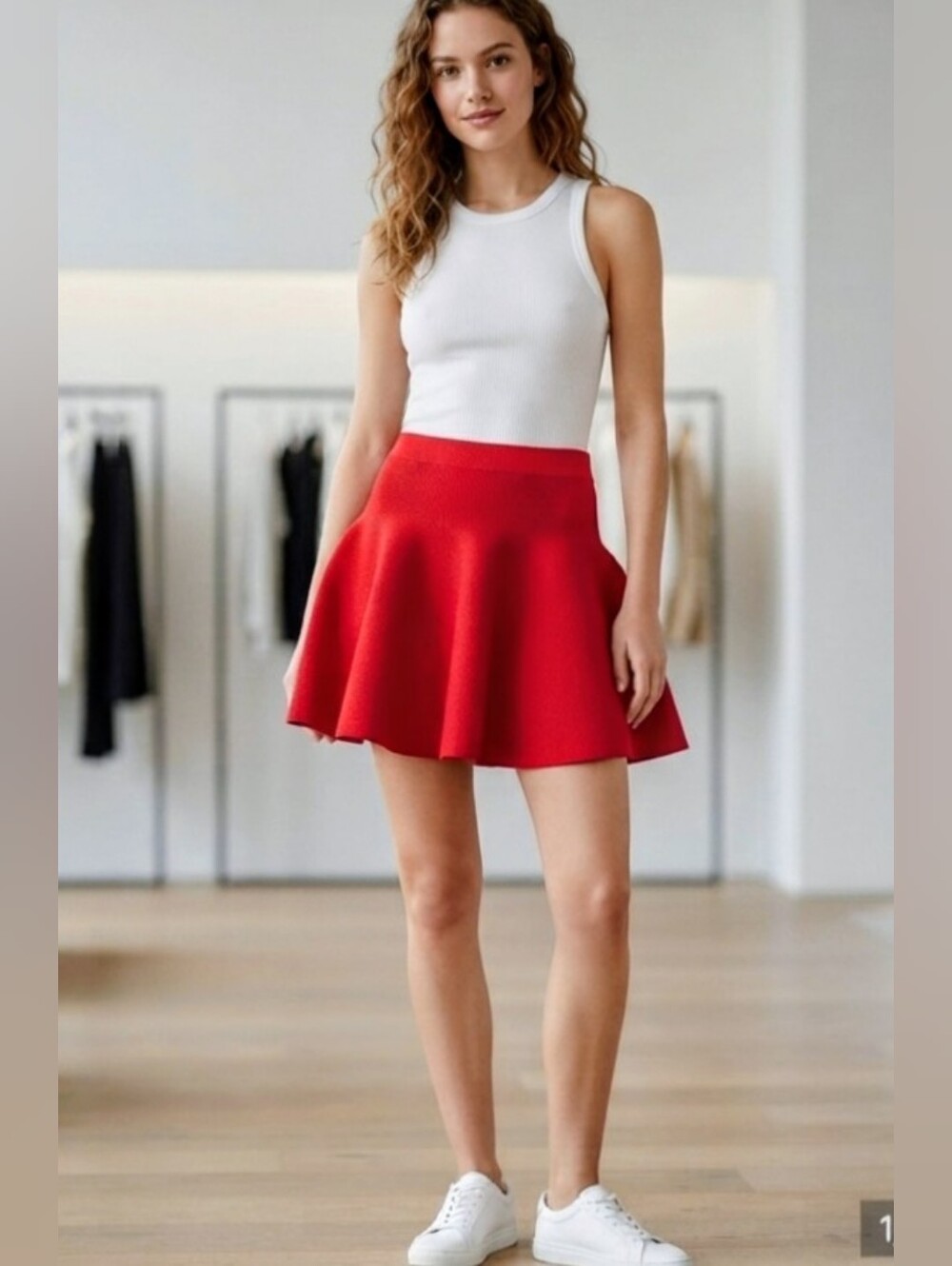 Zara Red Textured Knit Skater Mini Skirt Size Small S Stretch , NWT